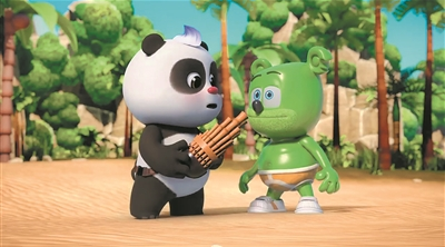 动画《熊猫和甘米熊》画面，扫描二维码可观看动画片段。