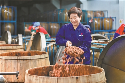 余留芬在酒业生产车间铺撒高粱，查看发酵情况。